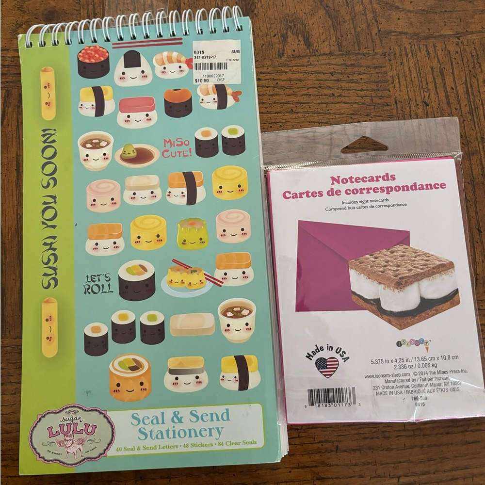Stationary great for quick notes or summer camp. Sushi and s’mores note cards.